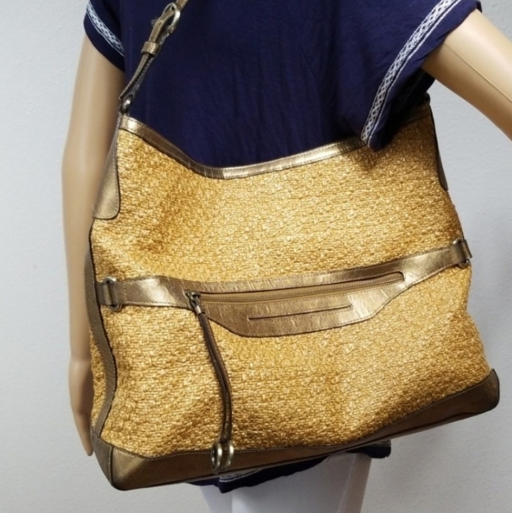 Monsac gold woven large shoulder bag